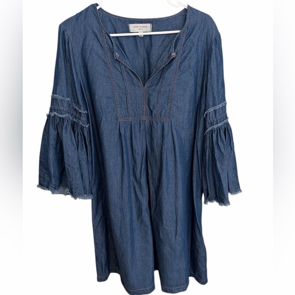 Max Studio Blue Bohemian Chambray Denim Midi Dress. Peplum Sleeve. Size Large